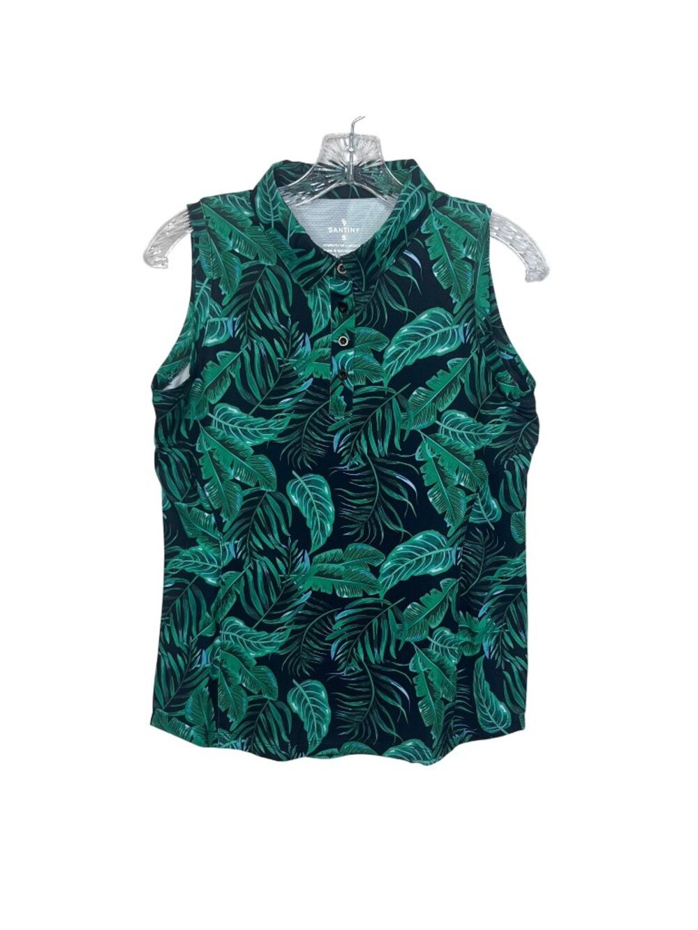 Santiny Sleeveless Tropical Leaf Polo Shirt Small Green Moisture Wicking Golf Su